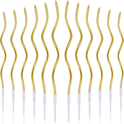 BBTO 12 Pcs Twisted Birthday Candles Spiral Metallic Cupcake Thin Long Cake Candles with Holders for Birthday Wedding Party(Gold)