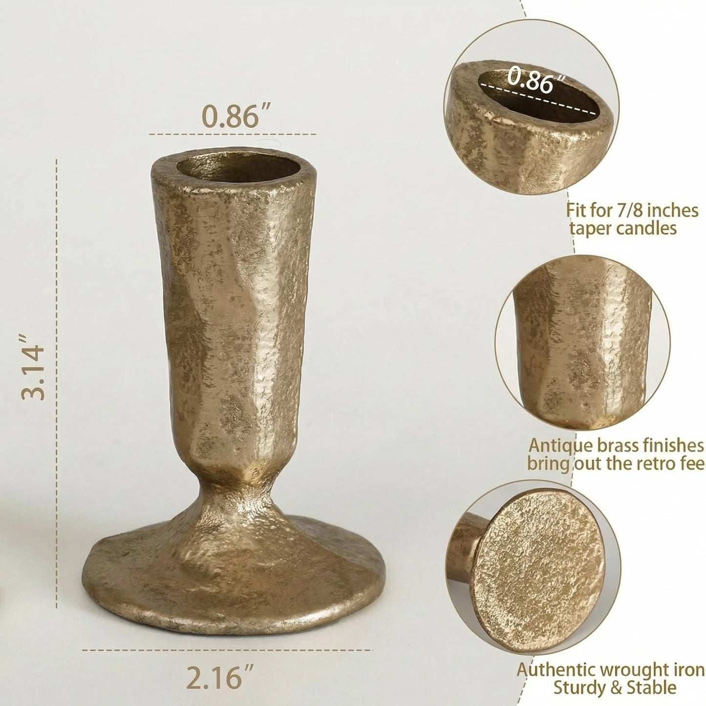 Antique Brass Iron Taper Candle Holders Set of 2, Heavy Candlestick Holders for Table Centerpiece, Gold Candle Stick Holders for Dining, Wedding, Mantel & Home Decor, Fits 3/4 Inch Candles