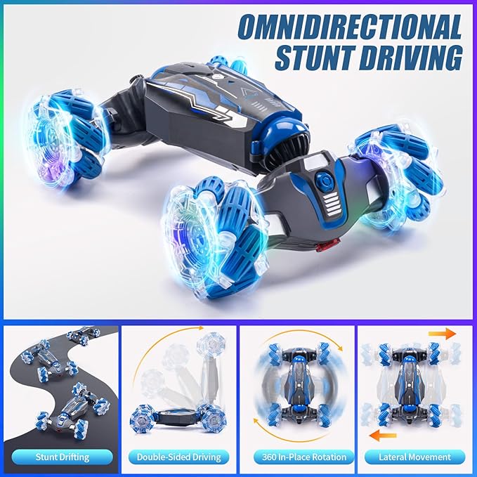 4WD Stunt Car 2.4 GHz Gesture Sensor RC Cars Double-Sided Vehicle 360° Flip RC Twist Buggy with Music Spray - Best Christmas and Birthday Present for Boys and Girls Aged 6-12 (Blue)