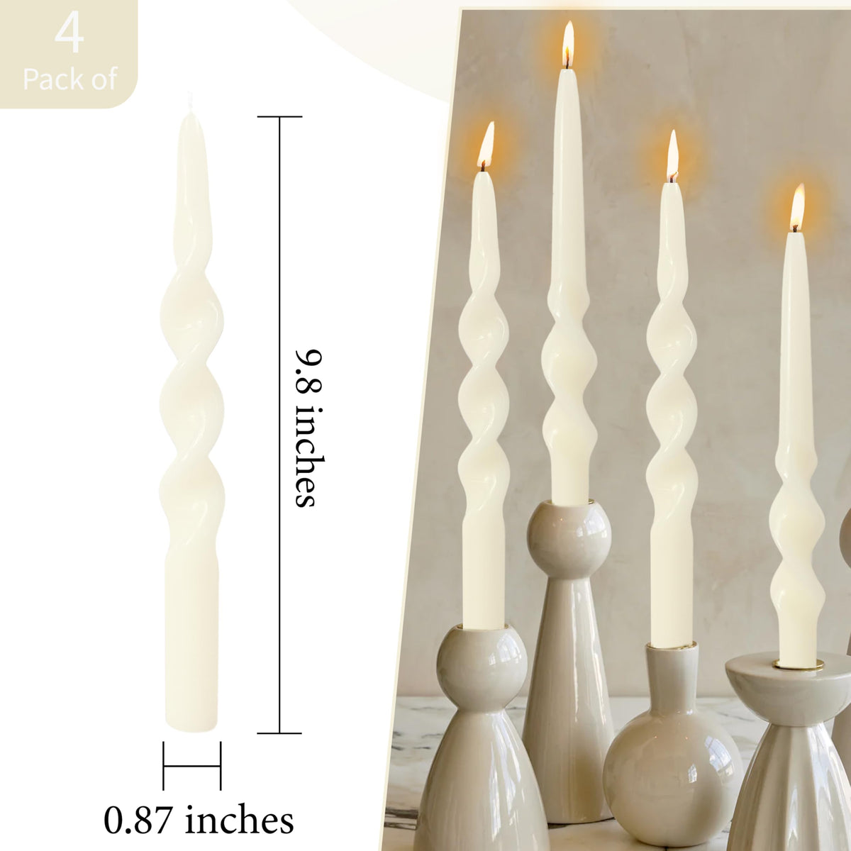 10 Inches Spiral Taper Candles Sticks Ivory Twisted Candle Dripless Unscented Long Candles, Handmade Candlesticks for Wedding Dinner Decor, Set of 4