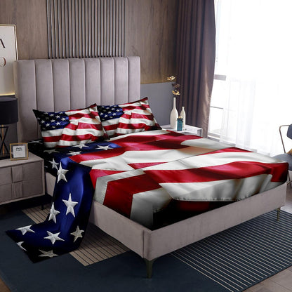 Erosebridal United States Sheet Set Teens American Flag Fitted Sheet Queen, Blue Red Bedding Set Geometric Stripes Bed Sheet with Deep Pocket, 4 Pcs with 1 Fitted Sheet, 1 Flat Sheet, 2 Pillow Cases