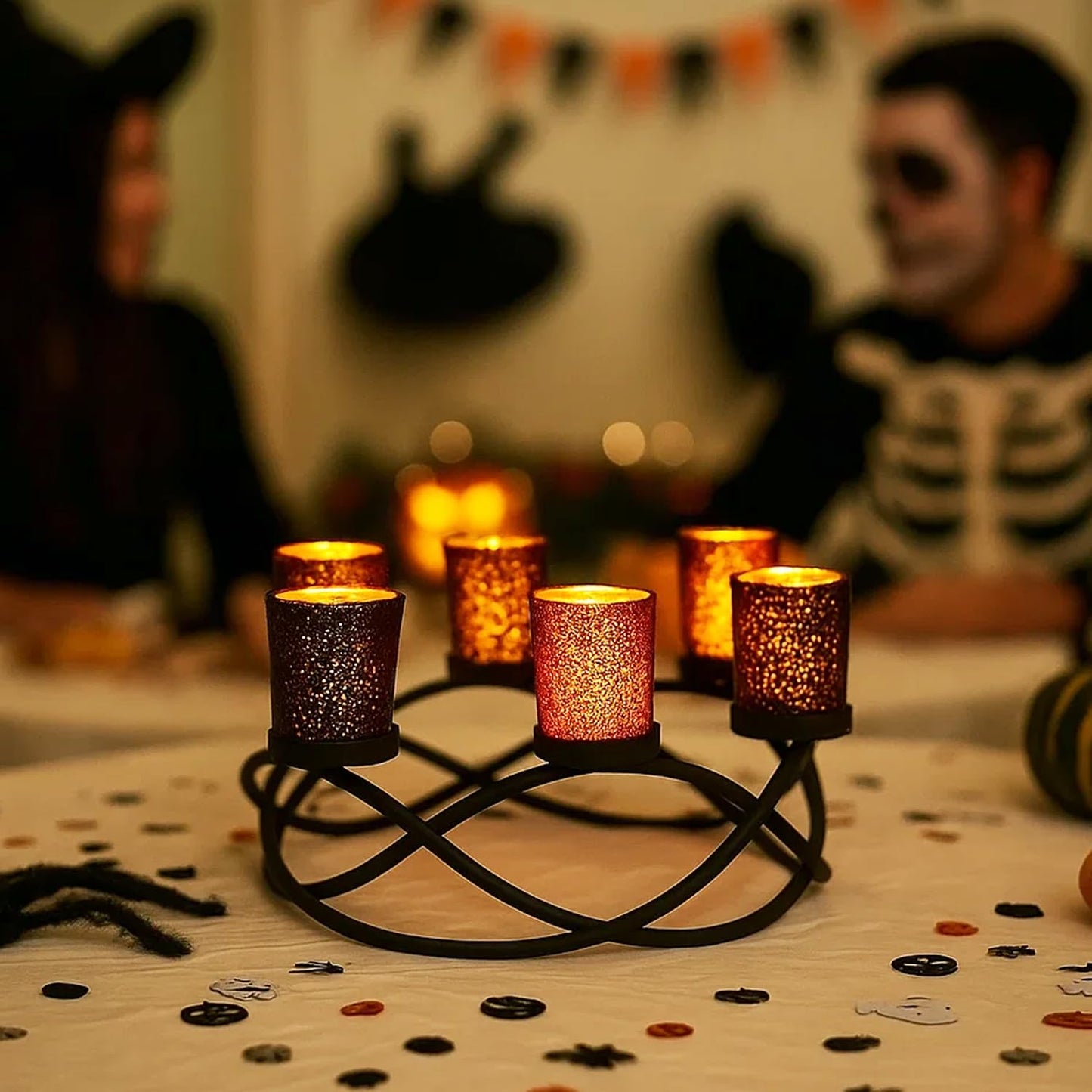Seraphic Halloween Centerpieces for Decorations - Round Candle Holders for Outdoor Patio, Dining, Kitchen, Coffee & Wedding Table Decor, Black Iron Candelabra, 6 Glass Votive Tealight Cups