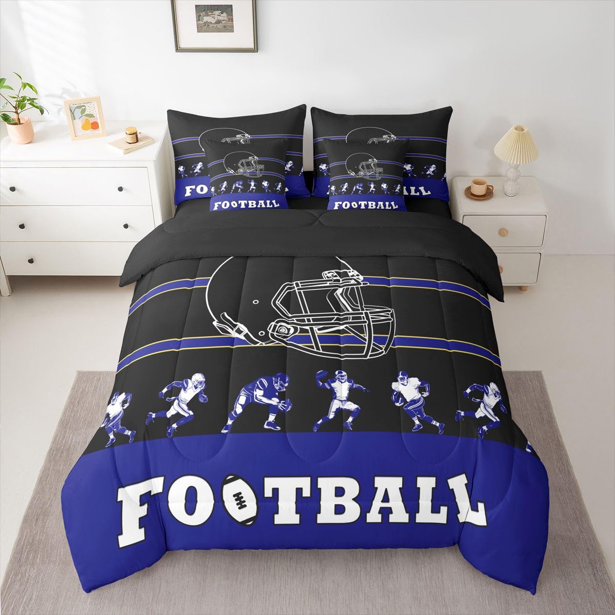 Erosebridal 7 Pieces Bed in a Bag King Comforter Set with Sheets, Football Design Bedding Sets for All Season,1 Comforter, 2 Cushion Covers, 1 Flat Sheet, 1 Fitted Sheet, 2 Pillowcases