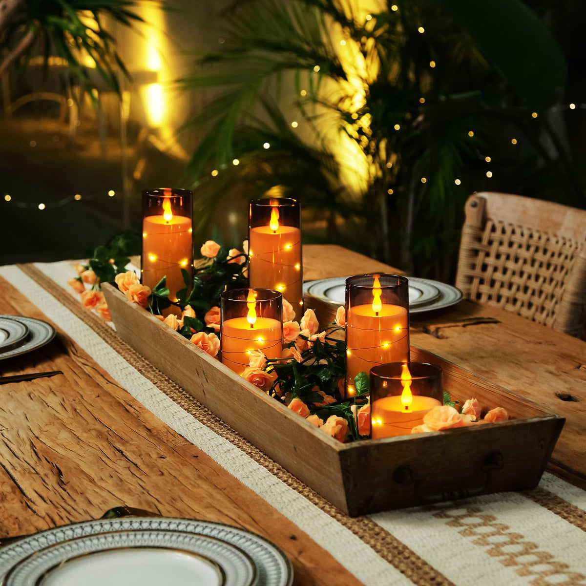 Homemory 9 Pcs Flameless Candles with Embedded Star String Fairy Lights, Battery Operated Candles, LED Fake Candles with Remote Control and Timer, Gray Acrylic