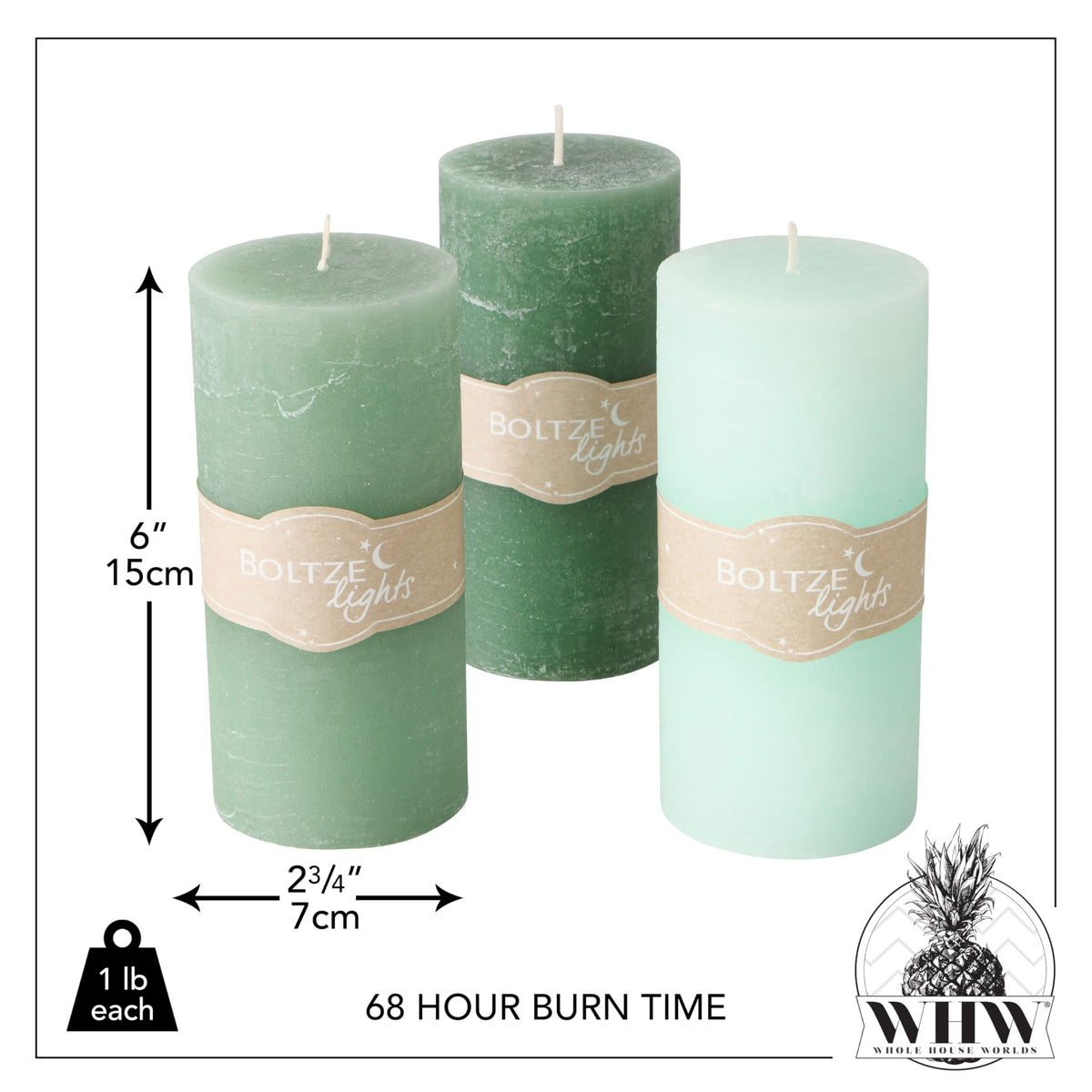 WHW Whole House Worlds 3 Pillar Candle Set, Paraffin Wax, 68 Hours Burn Time, Cotton Wick, 6 Inches, Neutral Shades of Marbled Sage Green, Pale Celadon,Pastel Green