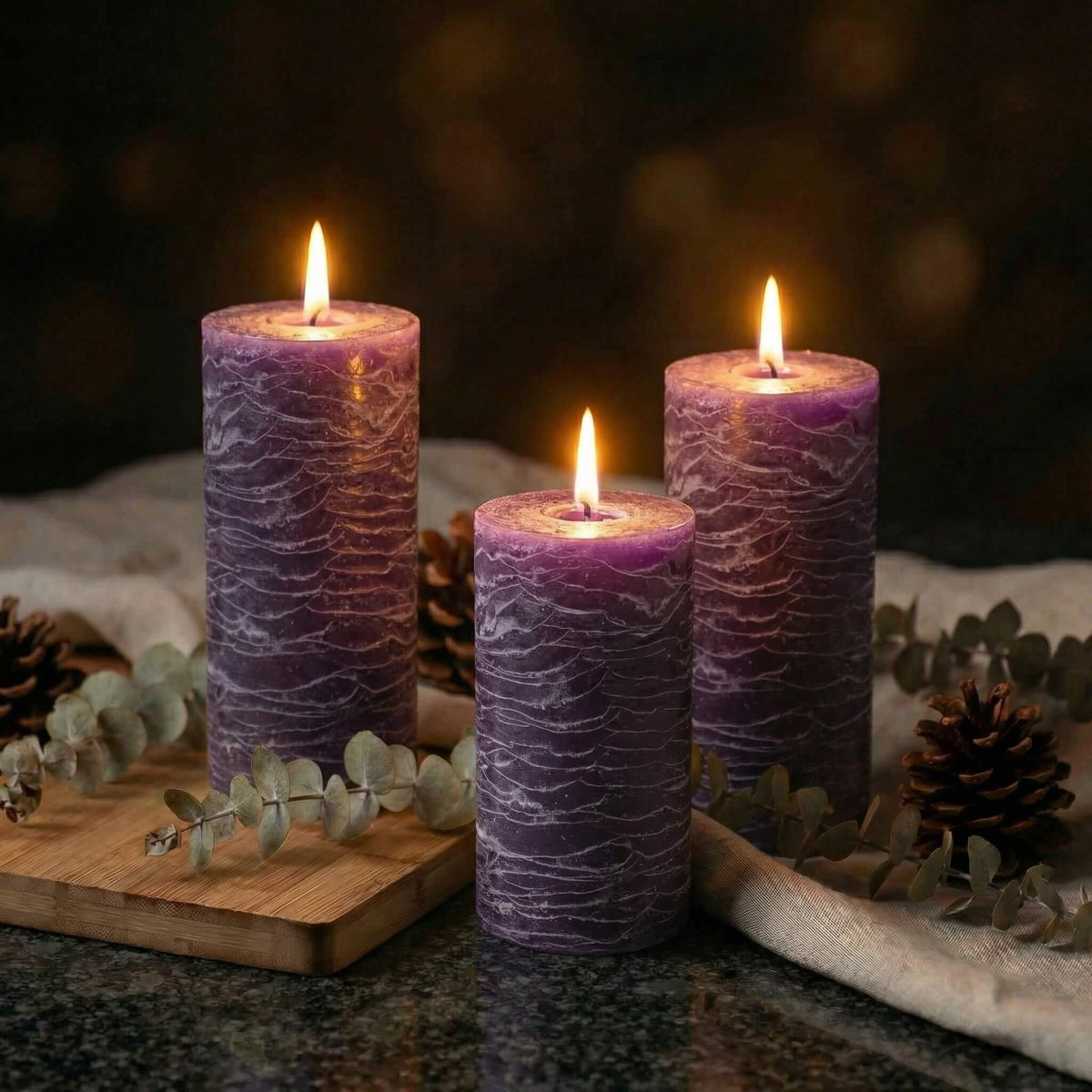 Richland Set of 3 Pillar Candles 3" x 6" Unscented (Purple Rustic) for Weddings Home Holidays Relaxation Spa Church