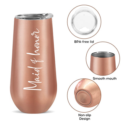 Ugiftcorner Maid of Honor Gifts Bridesmaid Cup for Wedding Champagne Flute Bachelorette Proposal Gifts for Bridesmaid Stainless Steel Tumbler with Lid Rose Gold 6 oz