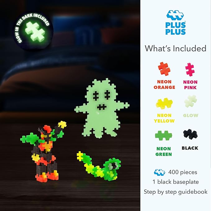 PLUS PLUS Learn to Build Set Interlocking Mini Building Blocks 3D Puzzle Construction Stem Toy for Kids - Glow in The Dark Mix 400 Pieces