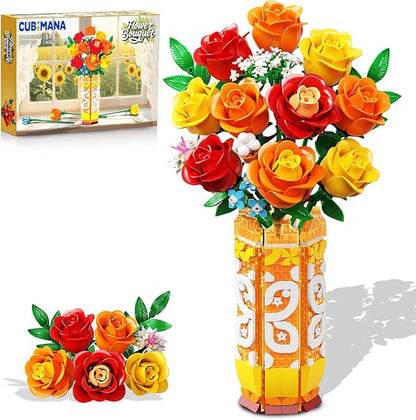 Flower Bouquet Building Set with Vase &amp LED Light Yellow Orange and Red Roses 3.6MM Mini Building Blocks Gifts for Women/Girlfriend/Wife Small Fake Flowers for Home Office Decor