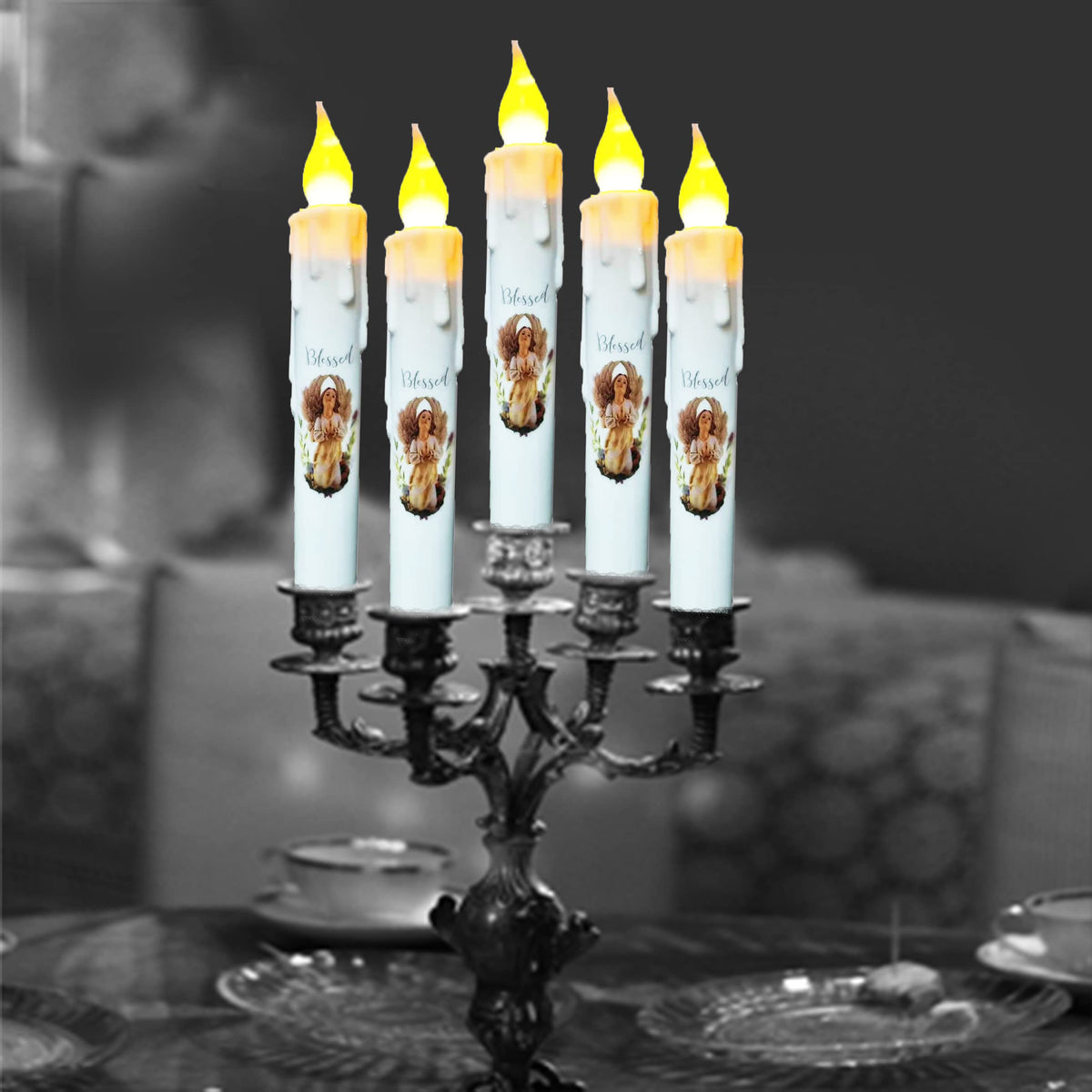 TAIANLE.Battery Operated Taper Candles with Timer, 6.75 Inch Set of 4 Primitive Flameless Taper Candles Flickeirng Flame,Angel Blessed Decor Halloween Wedding Christmas Window Decor