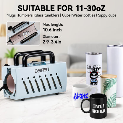 D9A91 3 in 1 Heat Press Machine, Hat Press Machine and Tumbler Heat Press Machine. for Caps, T-Shirt & More, 11-30oz Mug Press, Heat Up Fast and Even,No Crease, LCD Digital Temperature -Light Blue