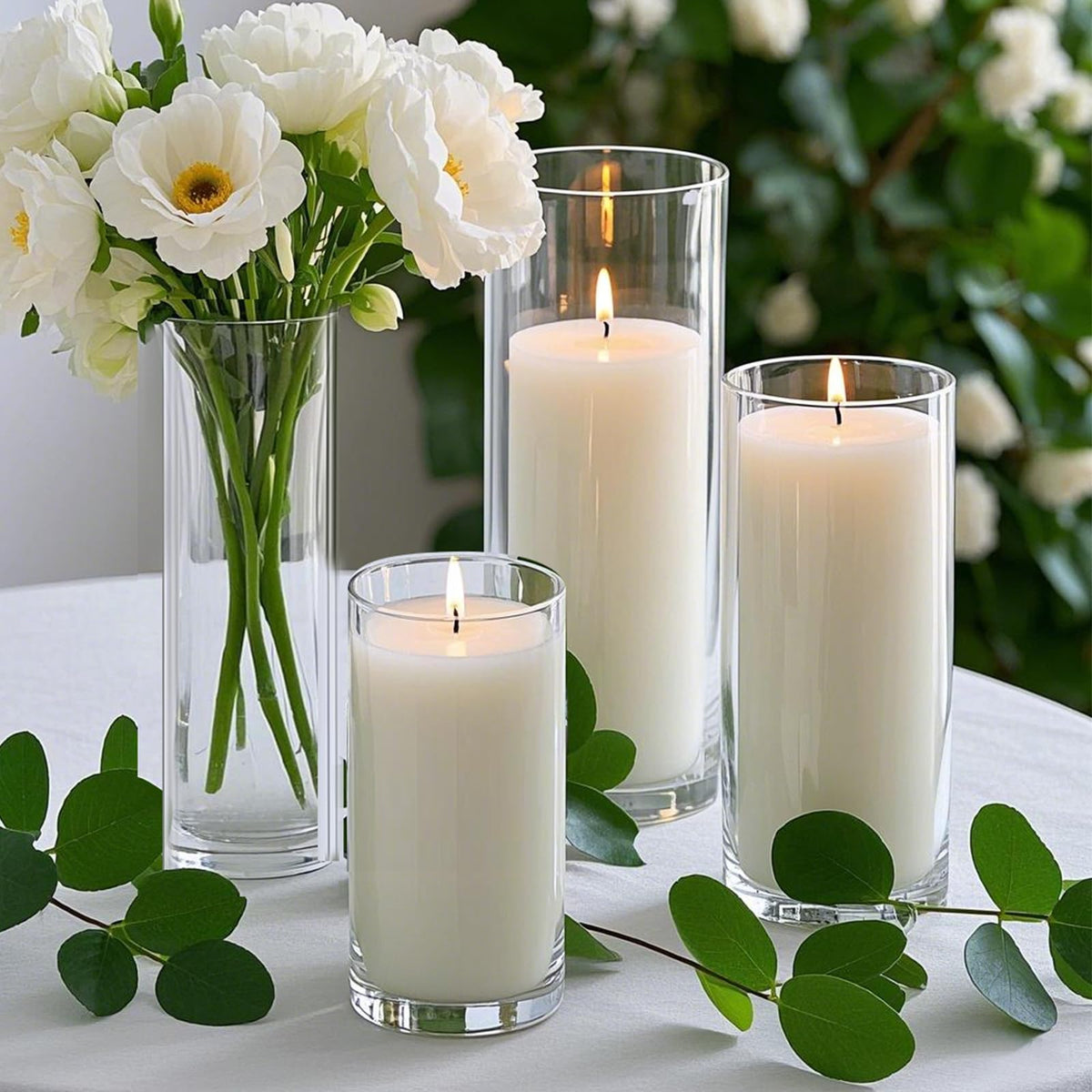 Homjoy 24 PCS White Pillar Candles with Glass Candle Holders Clear Hurricane Candle Holders Glass Cylinder Vases for Centerpieces Wedding Party, Event, Home Office (12 Candles+12 Candle Hoders)