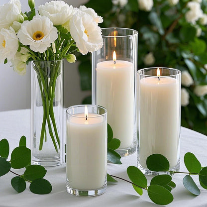 Homjoy 12 PCS White Pillar Candles with Glass Candle Holders Clear Hurricane Candle Holders Glass Cylinder Vases for Centerpieces Wedding Party, Event, Home Office (6 Candles+6 Candle Hoders)