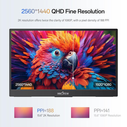 InnoView 2K Portable Monitor 15.6" QHD 100% sRGB, Built-in 180° Adjustable Stand Travel Monitor USB C Standard HDMI Ultra-Slim Portable Monitor for Laptop MacBook Phone PS5 Xbox Switch