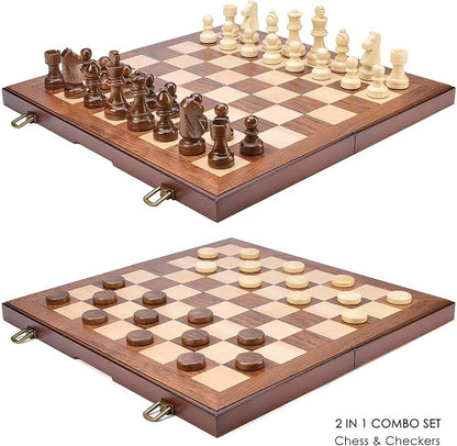 AMEROUS Wooden Chess &amp Checkers Set with Upgraded Weighted Chess Pieces 15 Inches (2 in 1) Chess Board Games for Kids Adults w/ 2 Extra Queens / 24 Cherkers Pieces/Gift Package