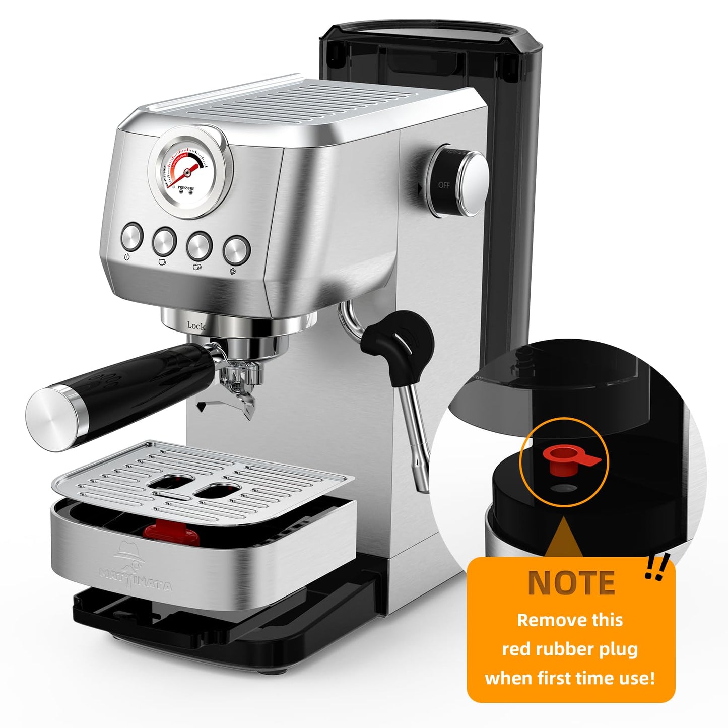 MAttinata CM1663 Espresso Machine, 20 Bar Compact Coffee Maker with Milk Frother Steam Wand for Cappuccino, Latte, Professional Pressure Gauge & 49oz Removable Water Tank for Home，Stainless Steel