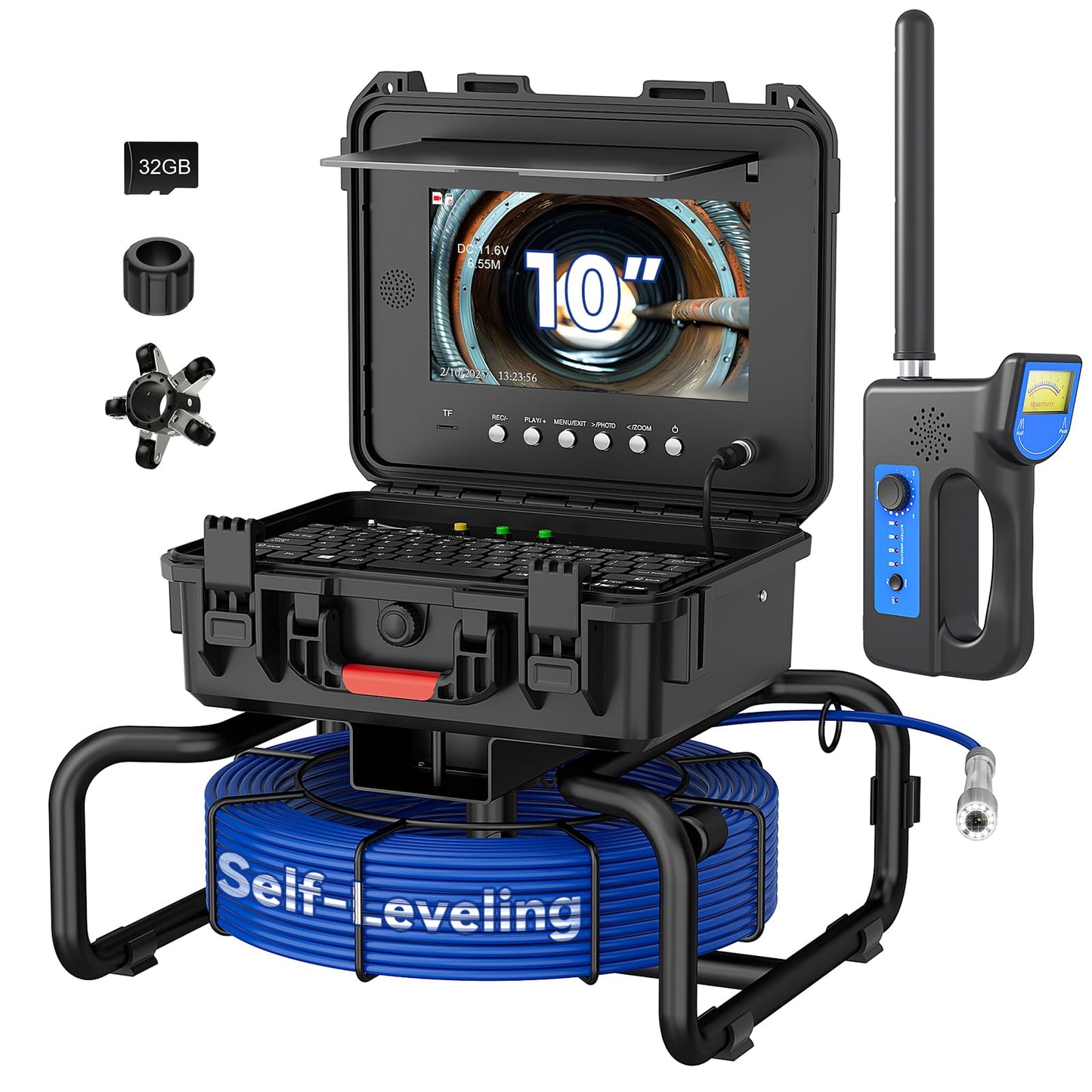 JINXINEBAY 10 Inch IPS Sewer Inspection Camera with 512Hz Locator, 1080P AHD, 50M Cable, DVR, Auto Self-Leveling, 5X Zoom, TF Card, LED Lights for Pipe/Wall/Drain (165FT/512hz Locator)