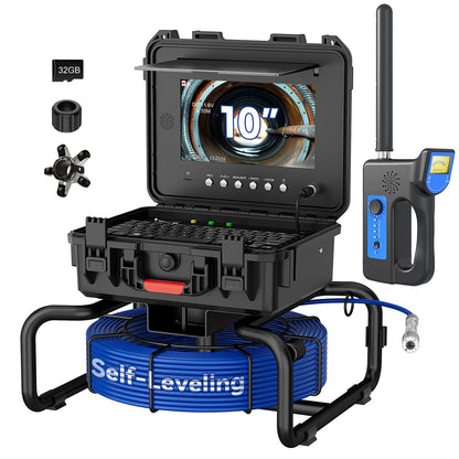 JINXINEBAY 10 Inch IPS Sewer Inspection Camera with 512Hz Locator, 1080P AHD, 50M Cable, DVR, Auto Self-Leveling, 5X Zoom, TF Card, LED Lights for Pipe/Wall/Drain (165FT/512hz Locator)