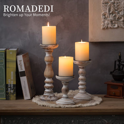 Candle Holder for Pillar Candles: Romadedi Set of 3 Decorative Wood Candlestick Holders, Rustic Wooden Candle Stand for Fireplace Mantle End Table Shelf in Farmhouse Style, Whitewashed 6”, 8.3”, 12”