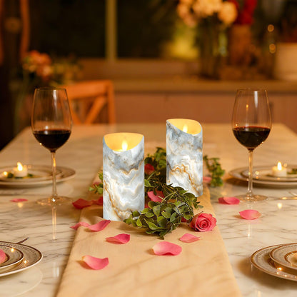 Gravopti White Marble 2 Pack Flameless LED Pillar Candles with Remote & Timer, Battery Operated, Flickering Wax Candle for Wedding, Romantic Home & Party Decor