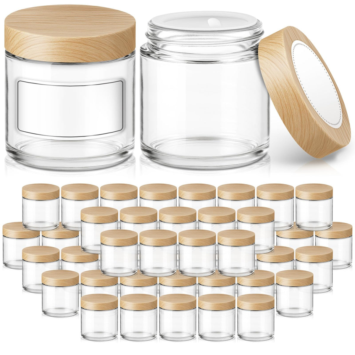 4 oz Glass Jar with Lids, 48 Pack Small Glass Candle Jars with Lids & Sticker, Empty Cosmetic Containers for Sample, Cream, Spice, Lotion, Ointments（Plastic Woodgrain）