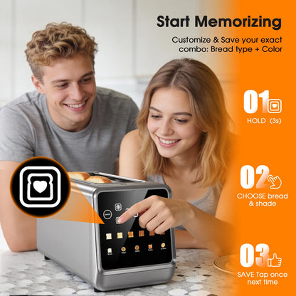 Smart 4-Slice Toaster, 75° Touchscreen with Digital Timer & Even-Heat Tech, Extra-Wide Slots for Bagels & Thick Bread, 6 Browning Levels, Defrost/Reheat, Single-Slot Energy Saving