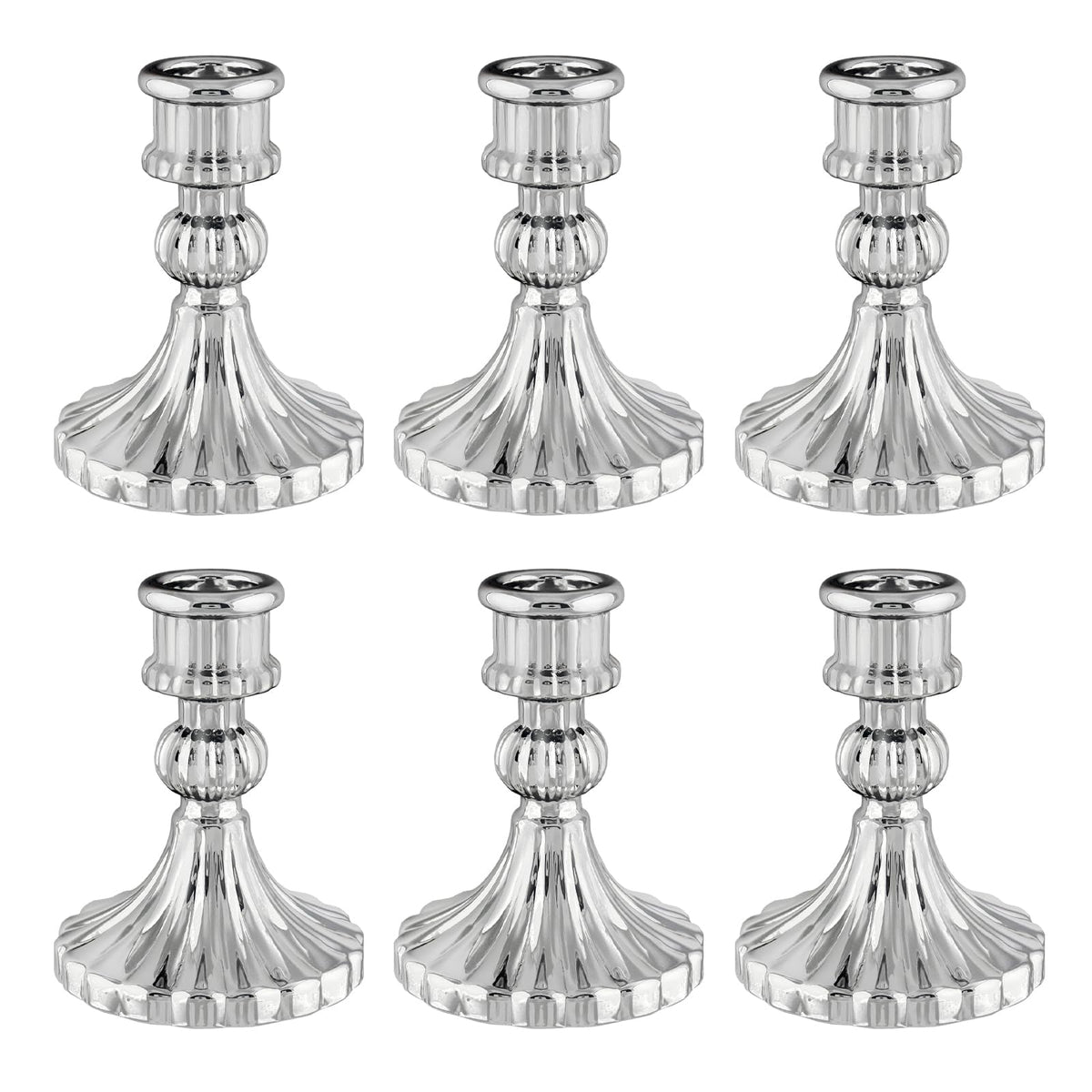 ECHFSM Glass Candlestick Holder,Striped Taper Candle Holders,Set of 6 Candle Stand for Table Centerpieces, Home Decor,Weddings,Festival and Parties (Silver Stripe)