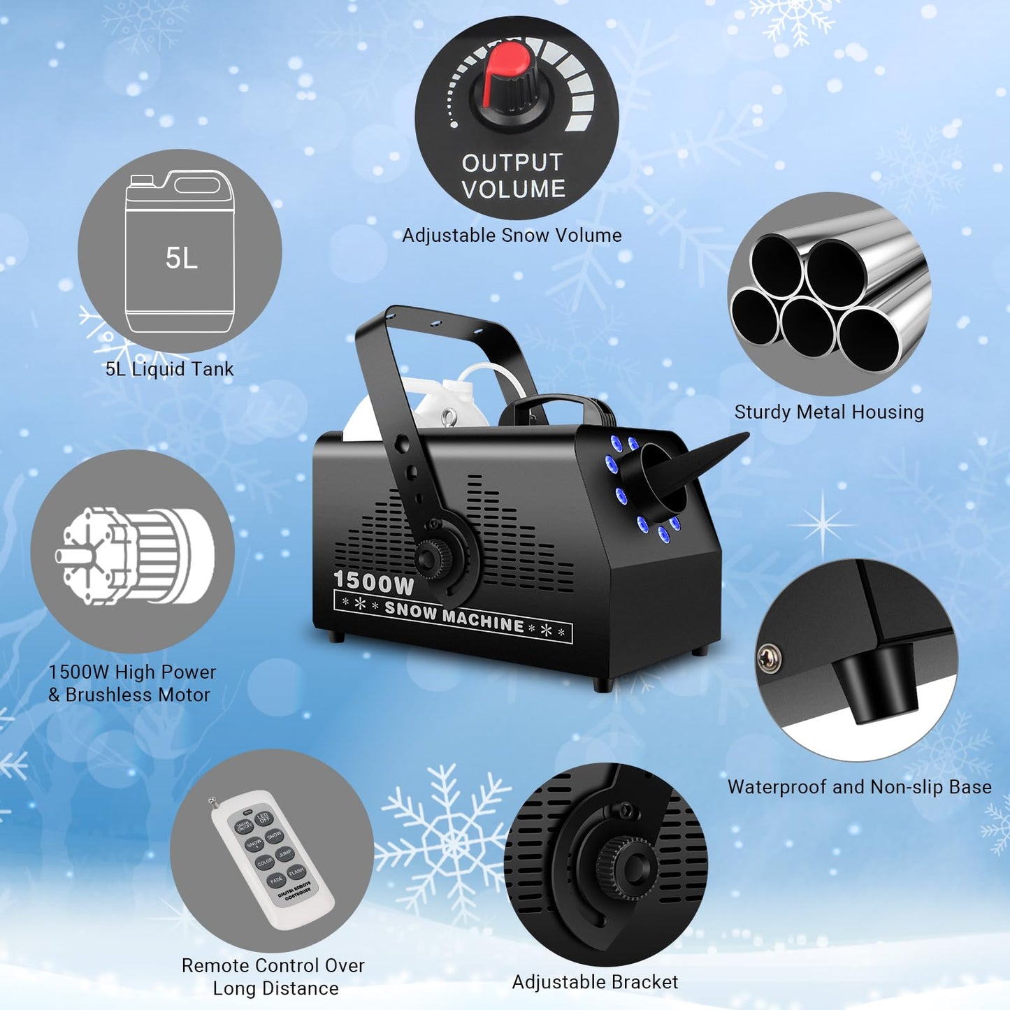 1500W Snow Machine Snowflake Maker: Wired & Wireless Remote Snow Volume - with 9LED RGB Lights - Artificial Fake Snow Machine for Outdoor Christmas Party Wedding Fiestas Holiday Stage Effects