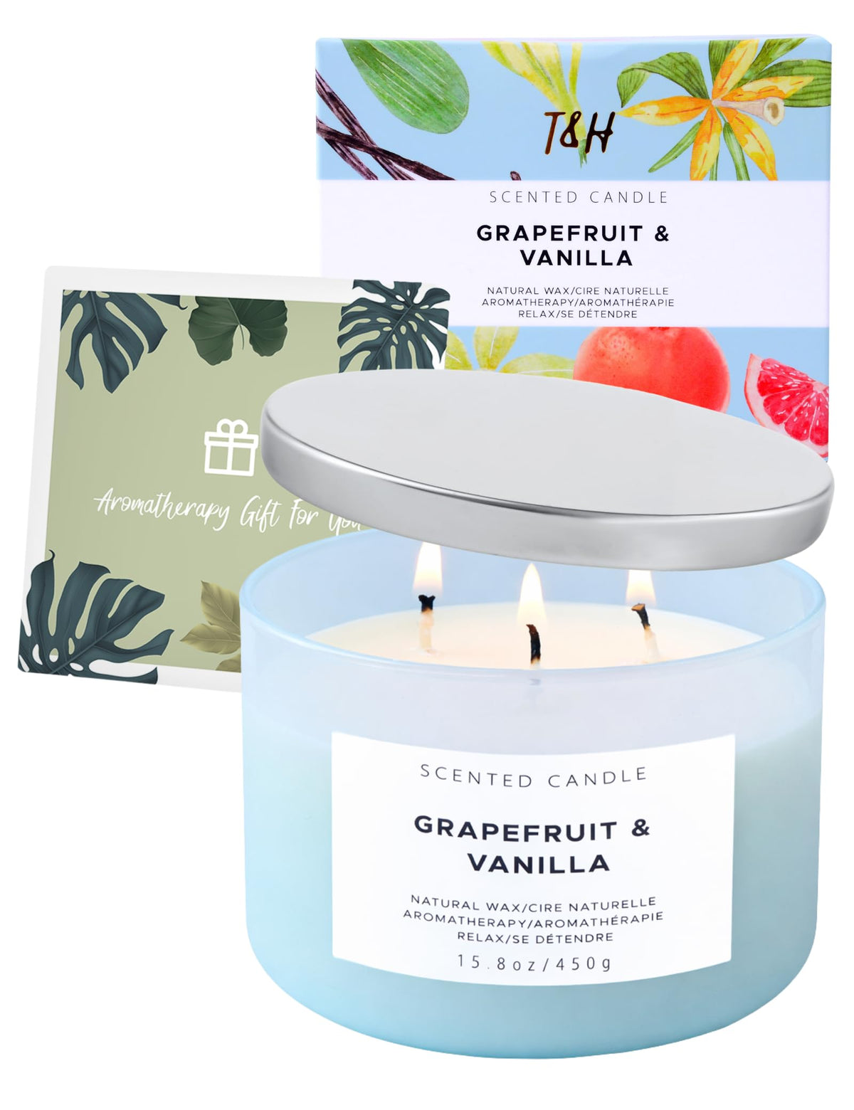 Grapefruit Vanilla 3-Wick Soy Candle | 15.8 oz Large Scented Candle for Home | Highly Scented Aromatherapy Candle for Women | Luxury Citrus Vanilla Candle Gift | Clean Burn Long Lasting