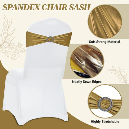 MDS Spandex Foil Chair Sashes - Universal Elastic Stretch Bands with Buckle for Weddings | Metallic Gold (Pack of 10)