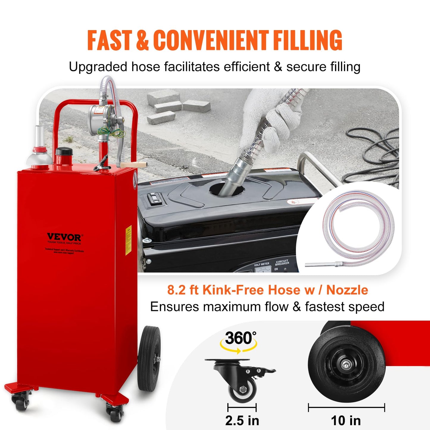 VEVOR Fuel Caddy 35 Gallon, Gas Storage Tank on 4 Wheels, with Manual Transfer Pump, Gasoline Diesel Fuel Container for Cars, Lawn Mowers, ATVs, Boats & More, Red