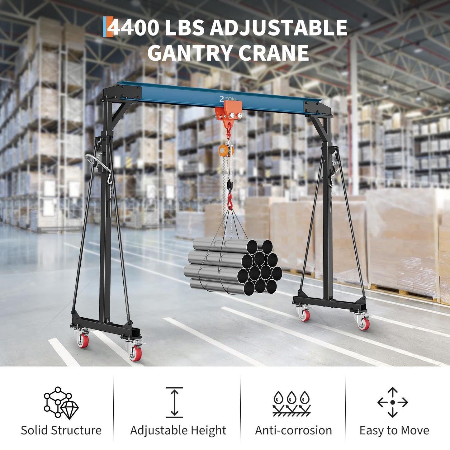 4400 LBS Gantry Crane with Manual Trolley, 2 Ton Gantry Crane with 8-12 FT Adjustable Height, Shop Crane Lift Hoist with Hooks & Shackles for Warehouse, Factory