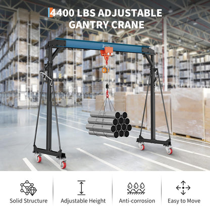 2 Ton Gantry Crane, 4400 LBS Adjustable Gantry Crane with 8-12 ft Height, Shop Lift Hoist with Manual Trolley, Hook & Shackles for Warehouse, Factory