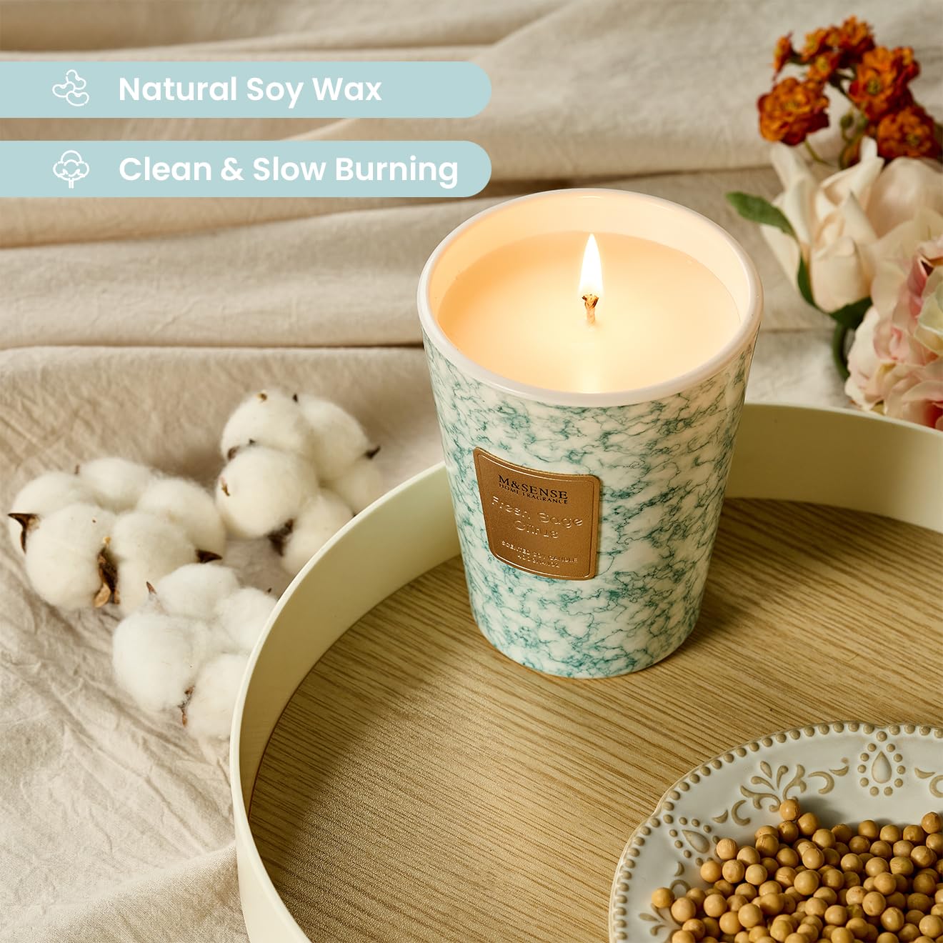 M&SENSE Fresh Sage Citrus Scented Soy Candle, 3 Wick Highly Scented 14.1 Oz 75H, Aromatherapy Christmas Gift for Women and Men