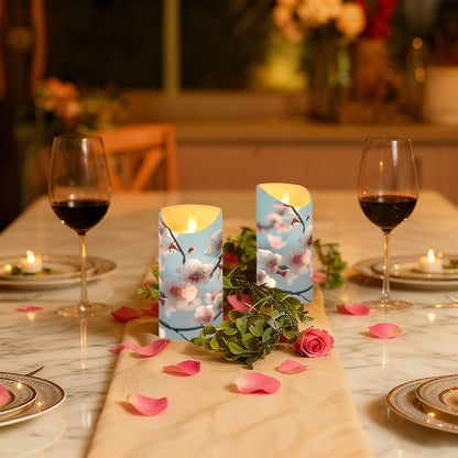 ALAZA Spring Pink White Flower Branches Flickering Flameless Candles Battery Operated with Remote Timer,Tea Light Candles LED Pillar Votive Set of 2 for Outdoor Indoor Decorations 3" x3.9"