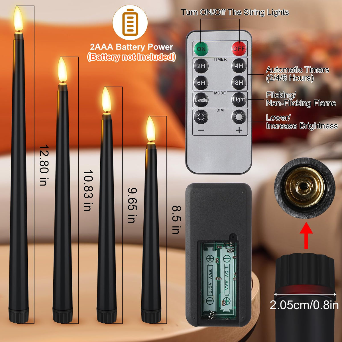 Rossesay 16 Pcs Black Flameless Taper Candles Battery Operated Candles with Remote Timer 8.5" 9.6" 10.8" 12.8" Multiple Sizes Black LED Flickering Candlestick for Wedding Centerpieces Party Decor