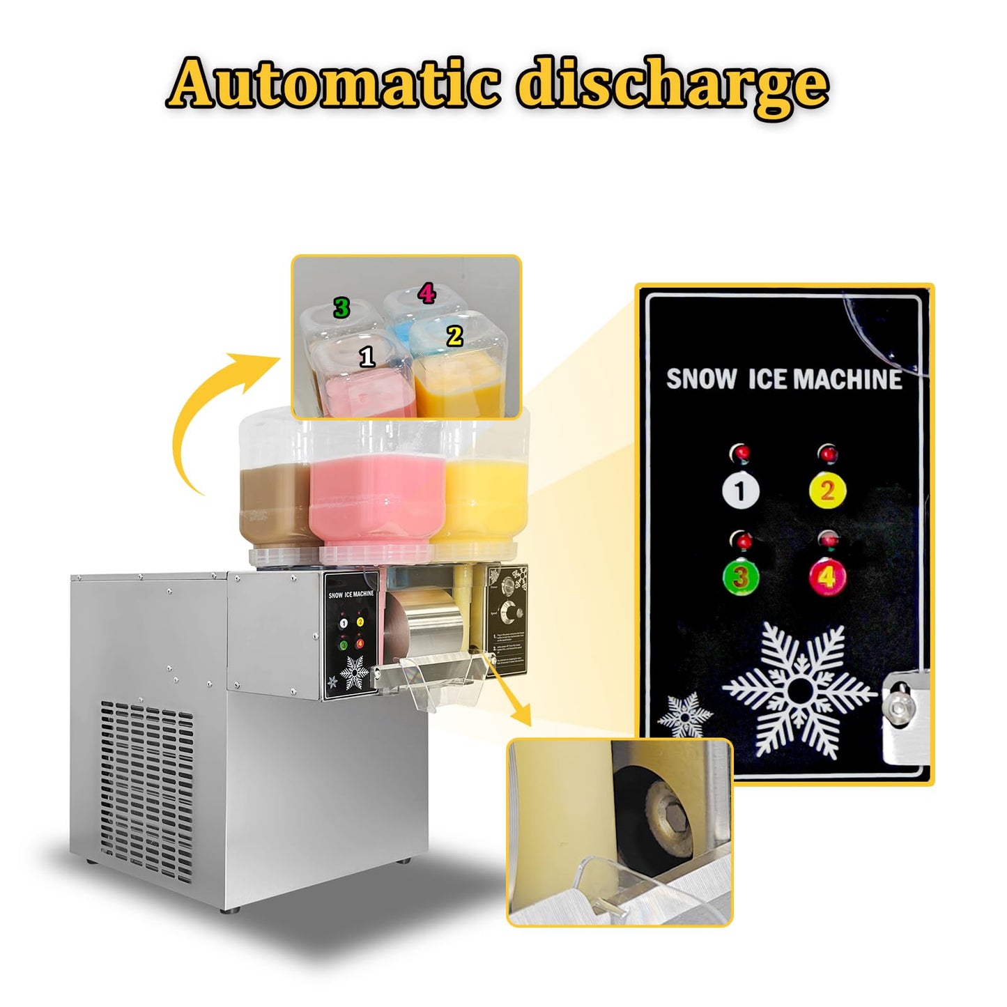 Kolice Commercial Shaved Ice Machine - 264 lbs/Day Snow Cone Maker with 4 Flavor Buckets, Automatic Ice Shaver for Restaurant Food Van Dessert Shop, Stainless Steel 750W