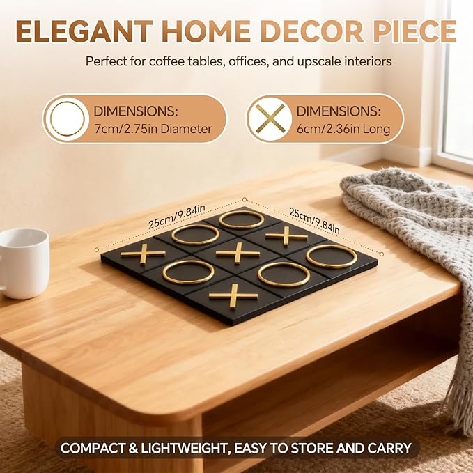 Tic Tac Toe Decor 10 x 10 Inch Wooden Black Wood Board with Gold/Silver X and O Pieces Modern Minimalist Coffee Table Decor for Living Room Office and Bookshelf Display (Gold)