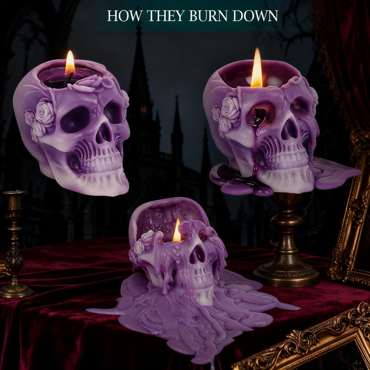 Sungmor Purple Skull Shaped Candles - Halloween Decor, Day of the Dead Gifts, Gothic Home Decor Candles, Unique Scented Candle for Spooky Ambiance, Set of 2, 100% Natural Soy Wax Decorative Candle