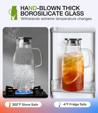 LUNA&MANTHA Glass Pitcher, 2 Liter 68oz Water Pitcher with Lid and Spout, Large Ice Tea Jug for Fridge, Thick Drink Jug with Handle for Juice, Coffee, Borosilicate Glass Carafe Hot/Cold Beverage