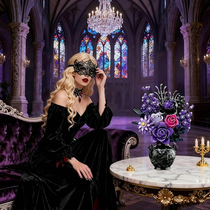 Purple Roses Bouquet Building Set 882PCS Compatible with Lego Artificial Flower Everlasting Gothic Roses for Home Décor Gift for Halloween Romantic Valentine’s Day Mother’s Day Anniversary