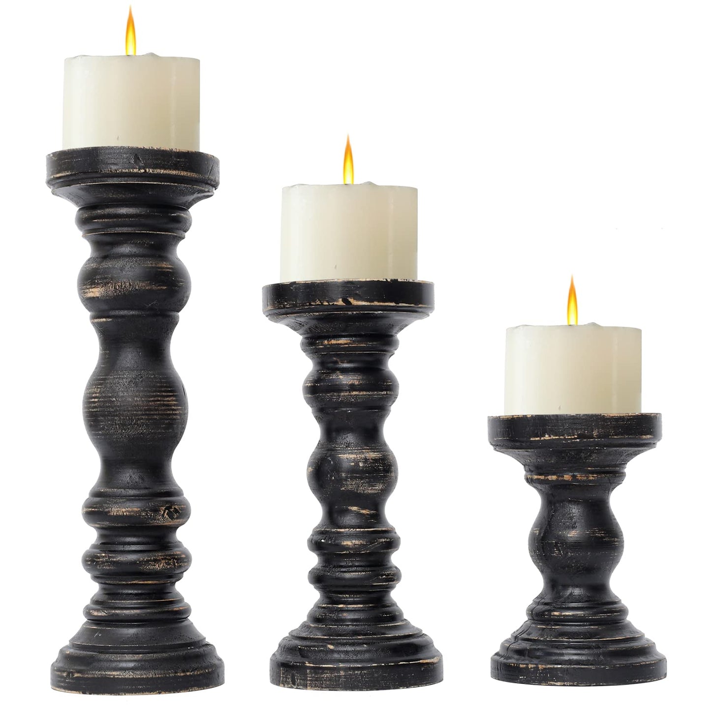 SWALLOWLIVING Rustic Farmhouse Wood Pillar Candle Holder Set of 3 for Candlestick, Black