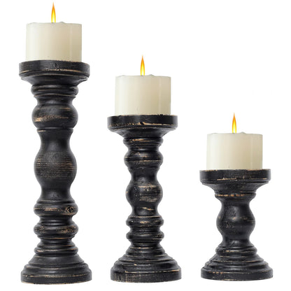 SWALLOWLIVING Rustic Farmhouse Wood Pillar Candle Holder Set of 3 for Candlestick, Black