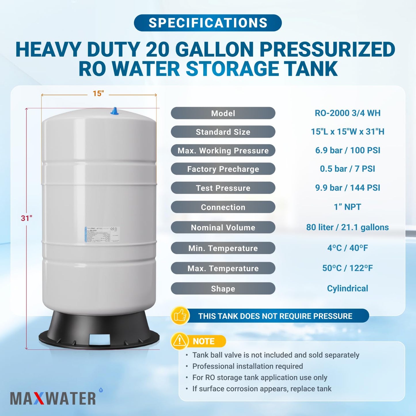 Max Water NSF Certified 20 Gallon Pre-Pressurized Reverse Osmosis RO Tank, with 14 gallons of Water Storage Capacity, White
