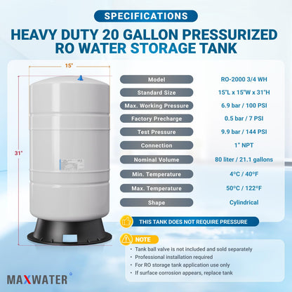 Max Water NSF Certified 20 Gallon Pre-Pressurized Reverse Osmosis RO Tank, with 14 gallons of Water Storage Capacity, White