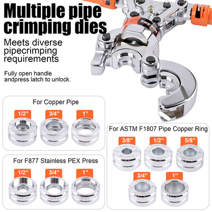 HZLZRZ Professional Universal Pipe Crimping Tool Kit, 6 Dies for Copper 1/2" 3/4" 1" and F877 PEX, with 3/8",1/2",5/8",3/4",1" ASTM F1807 PEX Rings and Pipe Cutter, Pro Press Crimper (MCT-1632C)