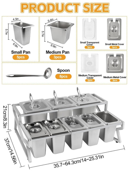 Kalolary 8 Pans Pizza Topping Storage Station, 2 Row Adjustable Stainless Steel Condiment Containers with Lids Spoons Ice Food Serving Display Container Salad Bar Buffet Station for Home Kitchen