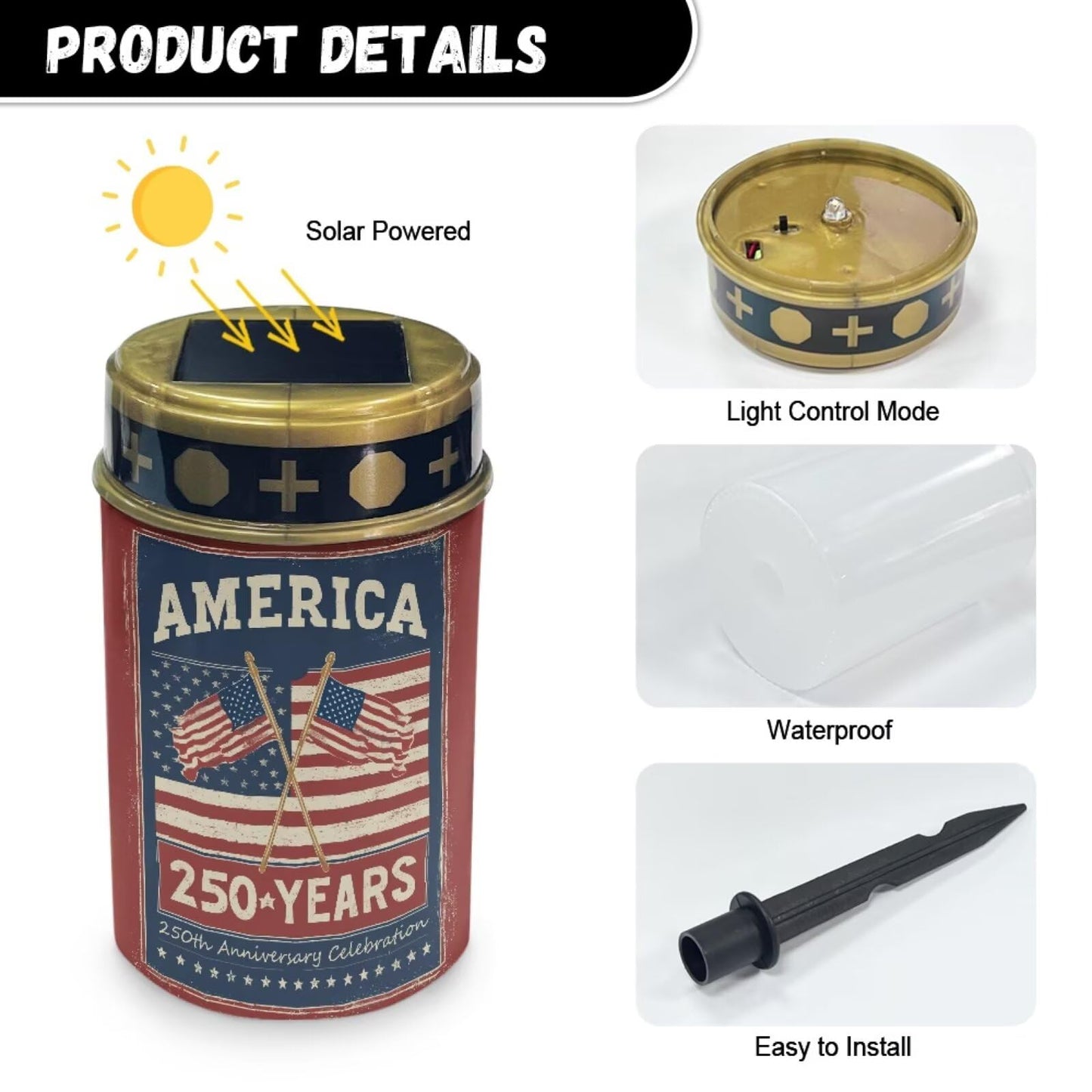 Poceacles Patriotic Solar Powered Flameless Candle Cemetery Votive Candles American Flag 4th of July Decor, 2 PCS, America 250 Years 250th Anniversary Celebration Print