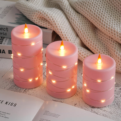 Fanzir Rose Pink Flameless Candles with String Lights Battery Operated Flickering LED Pillar Candles with Remote Control Timer, Set of 3 for Living Room, Table Décor, Christmas Weddings