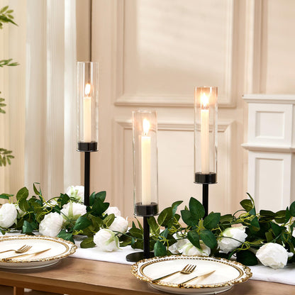 Black Hurricane Glass Candle Holders Set of 6, Tall Metal Taper Candle Stick Holder, Clear Candlestick Holders, Table Centerpieces Decor for Dining Dinner, Weddings, Christmas Fireplace Decorations